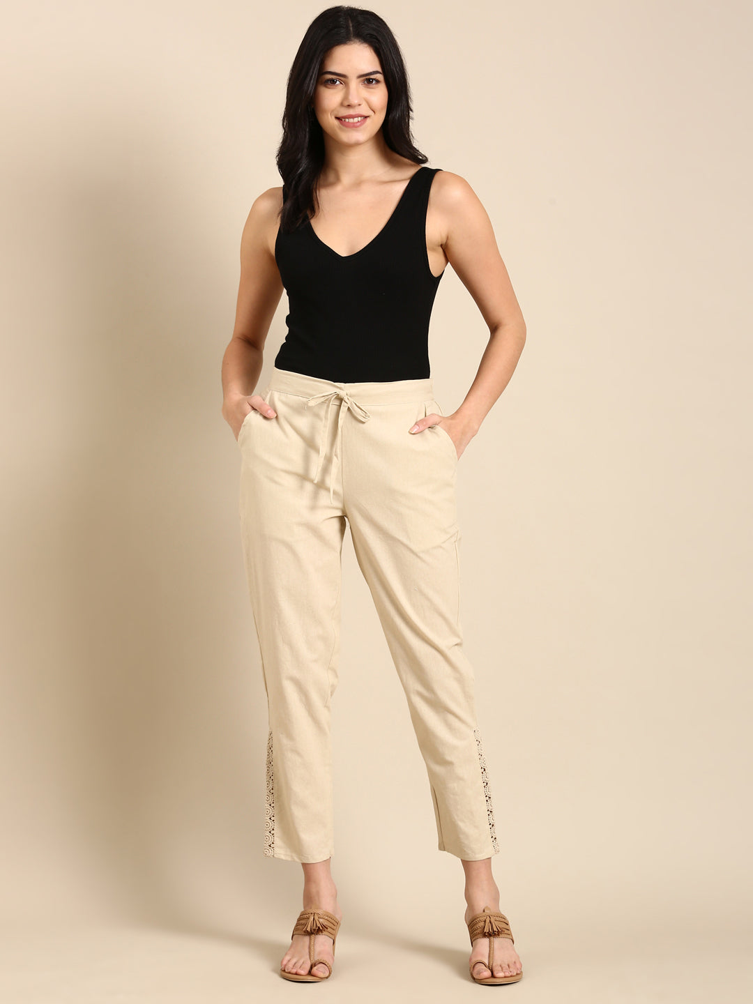Beige Side Chikan Pants