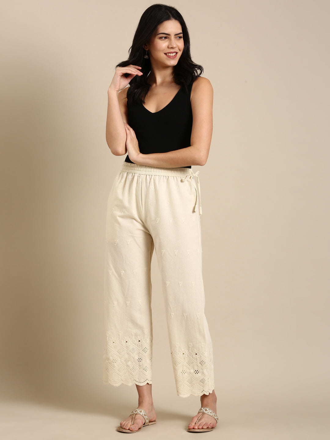 Beige Cotton Chikankari Parallel